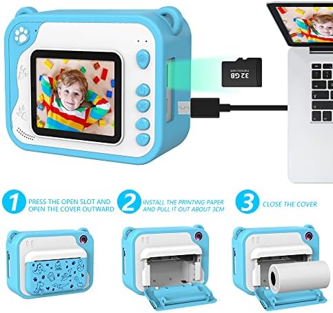 מצלמת הדפסה מיידית לילדים, מצלמה דיגיטלית 12 מגה פיקסל לילדים בגילאי 3-12 הדפסה ללא דיו מצלמת וידאו