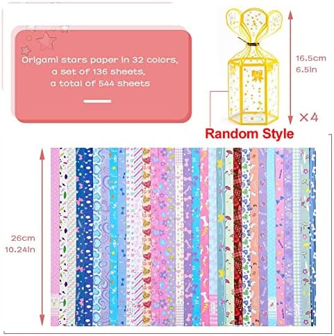 544 גיליונות כוכב אוריגמי נייר 32 רצועת נייר כוכב מגוון עם 4 יחידות תיבת מתנה שקופה רצועות קיפול דו