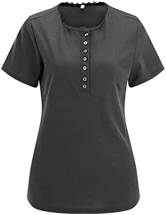 אתלטי למעלה נשים חולצה מקרית כפתורים קצר שרוול עגול צוואר רופף אופנה קיץ מוצק צבע חולצה חולצה