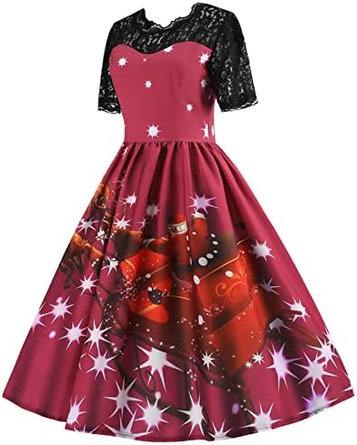 שנות החמישים של שנות החמישים של הנשים שמלת חג המולד קוקטייל נדנדה שמלות מסיבות שרוול קצר הדפס תחרה טלאי