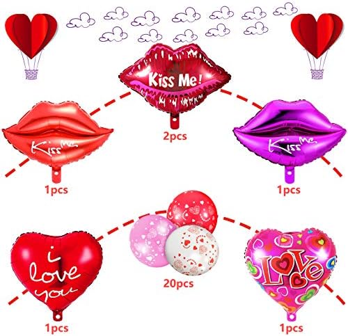 26 חתיכות שפתיים אדומות בלונים בלונים עגולים ללב קבעו בלוני לב אדום ולבן נשיקת נשיקה בצורת מילאר נייר