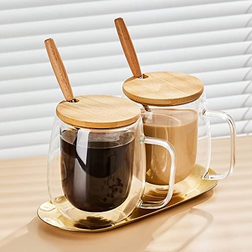 ספלים 12 גרם כוס אספרסו זכוכית עם כף מכסים - ספלי קפה ברורים מבודדים קיר כפול עם ידית ועיצוב בסיס תלוי