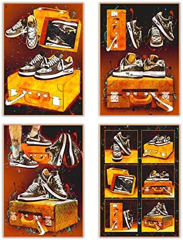סניקרס אוויר ג'ורדן קיר אמנות פוסטר הדפסים סט של 4 NO1, ספורט אמנות פוסטר נעליים, אמנות קיר נושא לחובבי