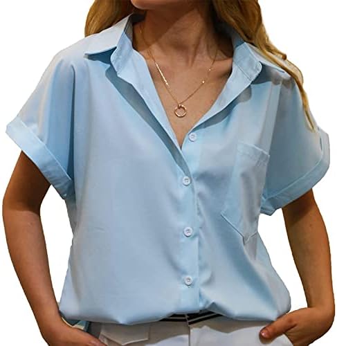 נשים שרוול קצר חולצות חולצה טוניקה דקה גוזיות חולצת טי וי גבוהה צוואר רגיל סתיו קיץ חולצות בגדי כפתור