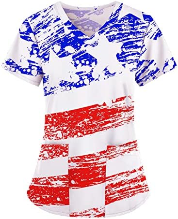 צמרות קרצוף 4 ביולי לנשים ליום העצמאות האמריקאית לבגדי חג לחג ארהב דגל הדפסה צמרות סיעוד עם כיסים