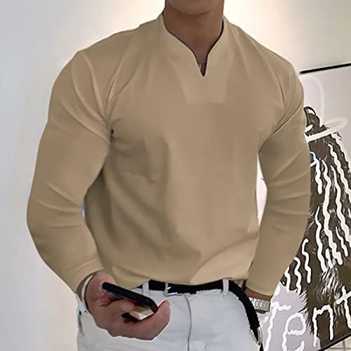 חולצות הנלי של גברים V גברים שרוול ארוך, שריר אביב רזה מתאים לחולצת טריקו מזדמנת