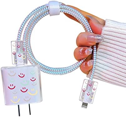 מגן כבלים Kawaii עבור Apple 18W/20W USB-C מטען מתאם כוח, דפוס פנים סמיילי חמוד, כבל ברק סיליקון ברק