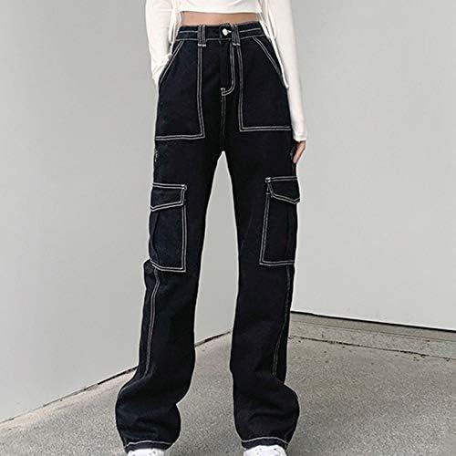 מכנסי Oiumov Y2K לנשים, נשים מכנסי ג'ינס ישר כיסים גדולים Y2K מכנסיים ארוכים רחוב מכנסי אביב הדפסים