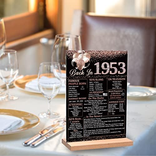 Vlipoeasn 70 יום הולדת יום הולדת שולחן קישוט 1953 פוסטר לנשים, זהב ורד חזרה בשנת 1953 שלט שולחן אקרילי
