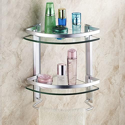 FVRTFT מדף זכוכית פינת אמבטיה, מדף מקלחת אמבטיה של אלומיניום חלל עם מתלה מגבות, קיר ללא קידוחים 8 ממ