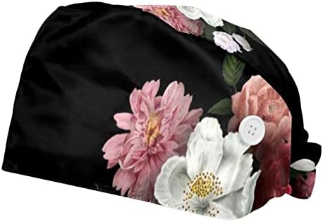 Deyya 2 חבילות כובע עבודה עם כפתור ורצועת זיעה לנשים שיער ארוך עניבה מתכווננת כובע אחורי פרח ורד