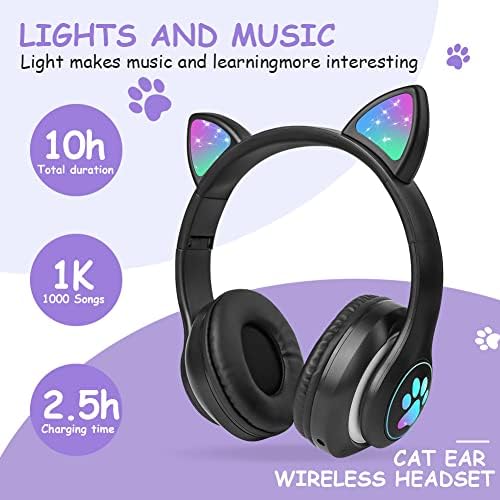 אוזניות Axfee Kids, אוזניות Bluetooth לילדים באוזן חתול, LED מדליקים מעל אוזניות אלחוטיות לילדים עם