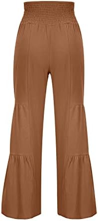 מכנסי רגל רחבים של Ozmmyan לנשים מותניים מזדמנים מותניים אלסטיים רצועות רצועות צבע אחיד פרוע מכנסיים