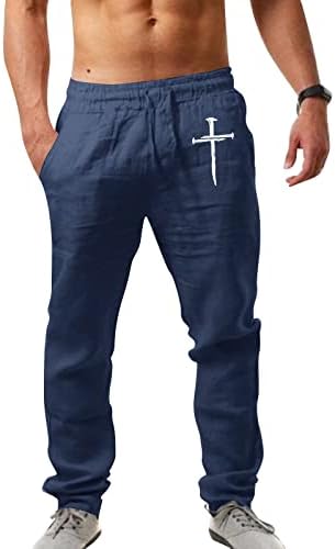 מכנסי אימונים ארוכים גברים גברים אופנה מזדמנים מודפסים פשתן כיס תחרה למעלה מכנסיים בגודל גדול