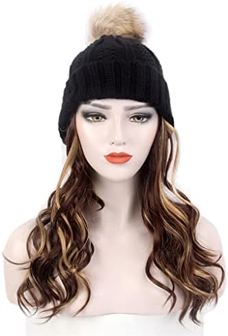 אופנה גבירותיי שיער כובע אחד שחור סרוג כובע פאה ארוך מתולתל המדגיש חום פאה בתוספת כובע אחד