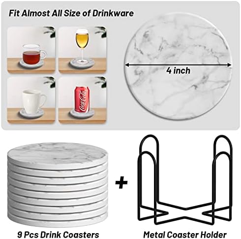 9 חתיכות קרמיקה תחתיות עבור משקאות עם מחזיק, בילבוטק סופג לשתות תחתיות עבור קפה שולחן, שיש סגנון תחתיות