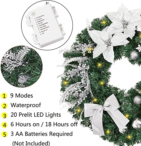 זר חג מולד מקדים 20 אינץ 'עם אורות, זר חג מולד מואר מלאכותי עם כדורים, פתיתי שלג, קשת, פרחים ופירות
